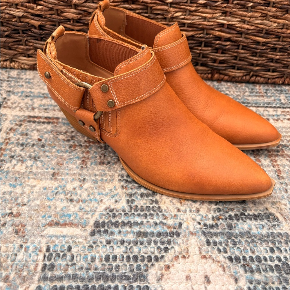 dingo Cognac Leather Pointed Ankle Booties with Strap Detail